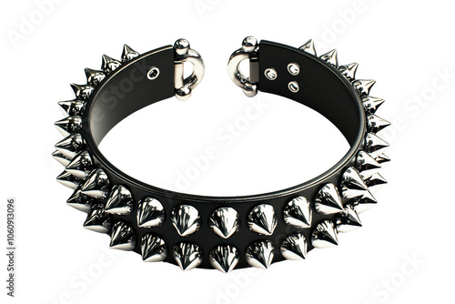 Close-up of a black leather spiked collar with metallic spikes, showcasing punk fashion and edgy style against a transparent background.