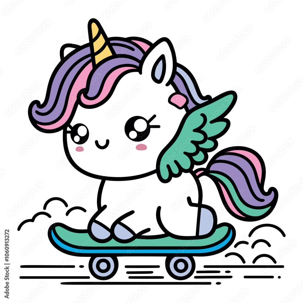 Obraz premium Cute Colorful Unicorn Skating on a Vibrant Skateboard