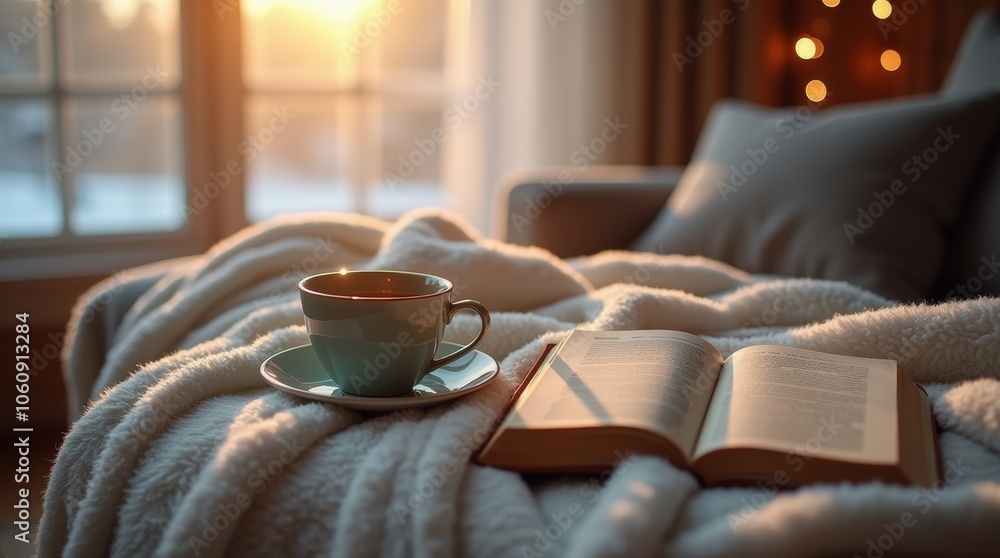 winter scene with a soft blanket draped over a couch, warm natural light from a nearby window, a cup of tea and a book resting on the blanket, inviting and tranquil atmosphere perfect for selfcare