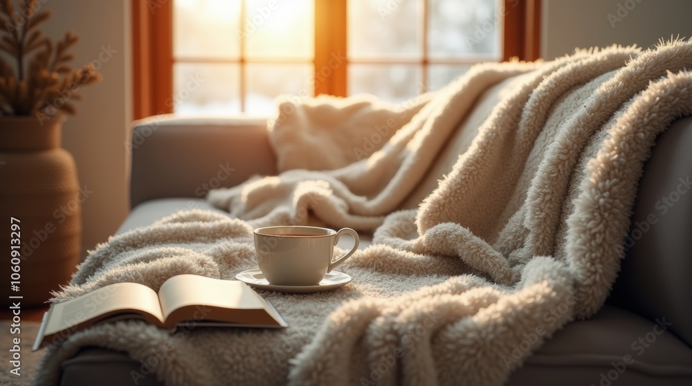 winter scene with a soft blanket draped over a couch, warm natural light from a nearby window, a cup of tea and a book resting on the blanket, inviting and tranquil atmosphere perfect for selfcare