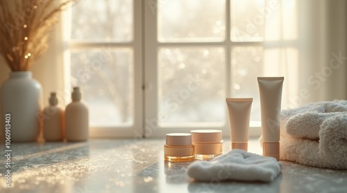 winter skincare routine setup with moisturizing creams, serums, and a soft towel on a bathroom counter, warm natural light from a window, cozy and clean environment with a focus on healthy skin