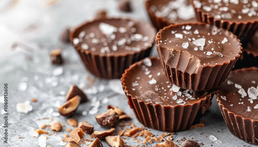 Stack of chocolate cupcakes with salt sprinkled on top. The cupcakes are piled on top of each other, and there is a pile of chocolate chips and salt on the table Stack of chocolate cupcakes with salt sprinkled on top. The cupcakes are piled on top of each other, and there is a pile of chocolate chips and salt on the table