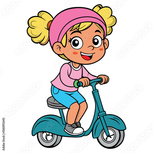 Cheerful Cartoon Child Riding A Blue Scooter With Excitement