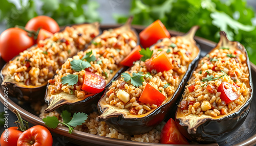 Stuffed eggplants, salad with bulgur, fruits, vegetables. healthy vegetarian food isolated with white shades, png photo