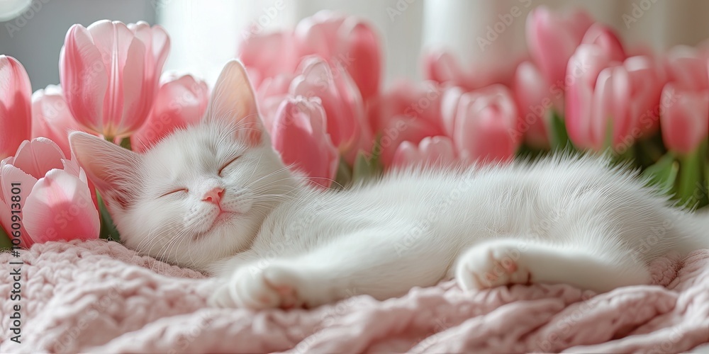 A white cat sleeping on a pink blanket with tulips in the background, a closeup photo of a cute white kitten lying among pink tulip flowers. Created by AI. A white cat sleeping on a pink blanket with tulips in the background, a closeup photo of a cute white kitten lying among pink tulip flowers. Created by AI.