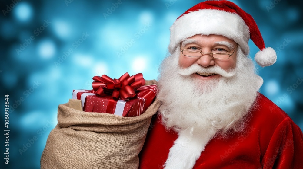 Santa Claus in his red suit smiles cheerfully while holding a sack of gifts against a snowy backdrop Santa Claus in his red suit smiles cheerfully while holding a sack of gifts against a snowy backdrop