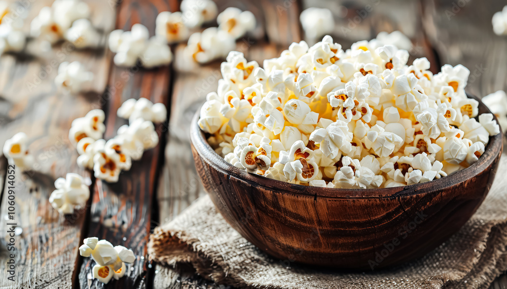Bowl of popcorn is sitting on a wooden table. The bowl is filled with white popcorn and there are many pieces of popcorn scattered around the table Bowl of popcorn is sitting on a wooden table. The bowl is filled with white popcorn and there are many pieces of popcorn scattered around the table