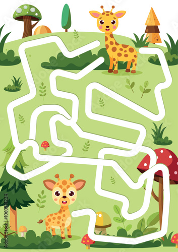 Cute Jungle Maze Puzzle Featuring Adorable Baby Giraffe