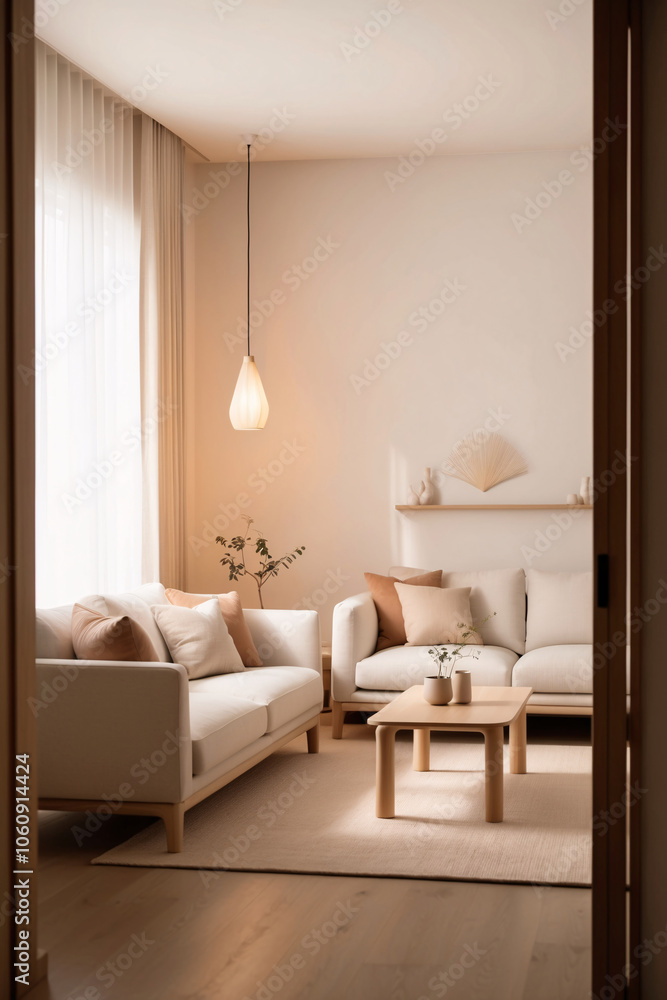Fototapeta premium Minimalist, japandi style interior design of modern living room