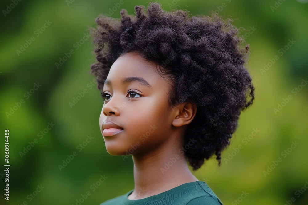 A young Black girl with natural curly hair gazes thoughtfully into the distance, surrounded by a green backdrop.