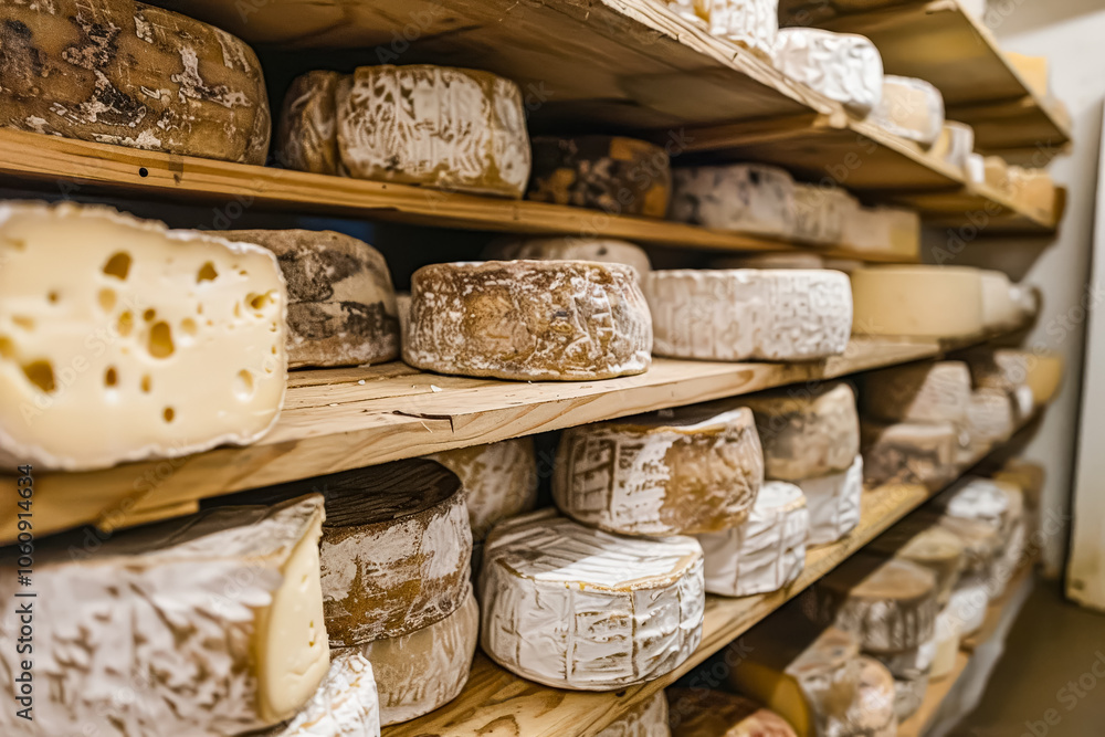 Large room with wooden shelves full of cheese. The cheese is in various shapes and sizes, and the room is dimly lit Large room with wooden shelves full of cheese. The cheese is in various shapes and sizes, and the room is dimly lit