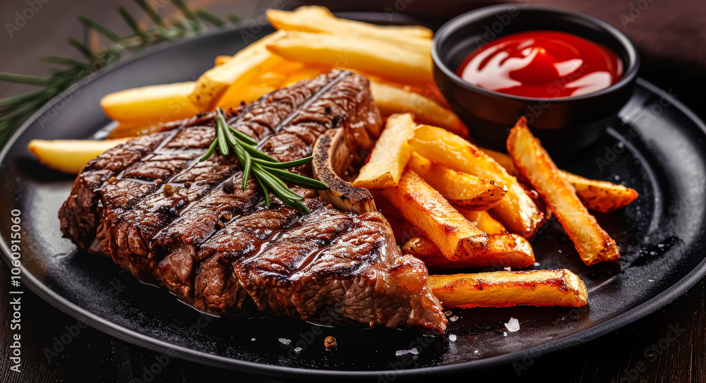 Plate of steak and french fries with a ketchup bottle on the side. Scene is casual and relaxed, as it is a simple meal that can be enjoyed without much fuss Plate of steak and french fries with a ketchup bottle on the side. Scene is casual and relaxed, as it is a simple meal that can be enjoyed without much fuss