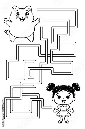 Cute Cartoon Cat and Girl with Maze Puzzle Activity