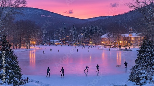 Fototapeta Naklejka Na Ścianę i Meble -  People ice skating on a frozen lake at dusk with a pink sky.