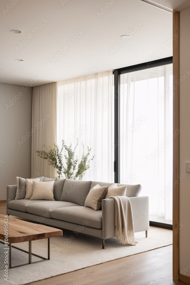 Fototapeta premium Minimalist, japandi style interior design of modern living room