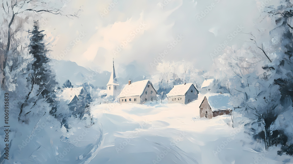 Oil painting of village in the winter. Snowy Village. Illustration Oil painting of village in the winter. Snowy Village. Illustration