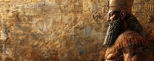 Detailed relief of Gilgamesh, the legendary Sumerian demigod, from ancient Mesopotamian culture. Free copy space for text.
