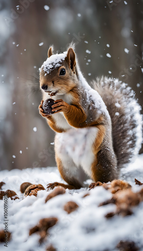 Squirrel Eating a Nut on Snowy Ground