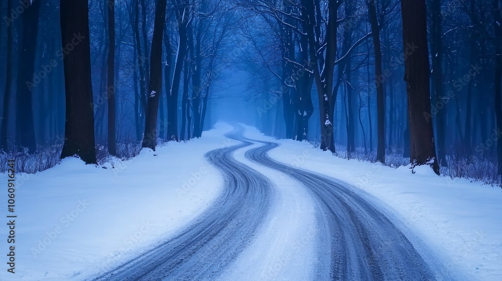Obraz premium This serene winter forest path is illuminated by soft light, creating a feeling of mystery and tranquility.