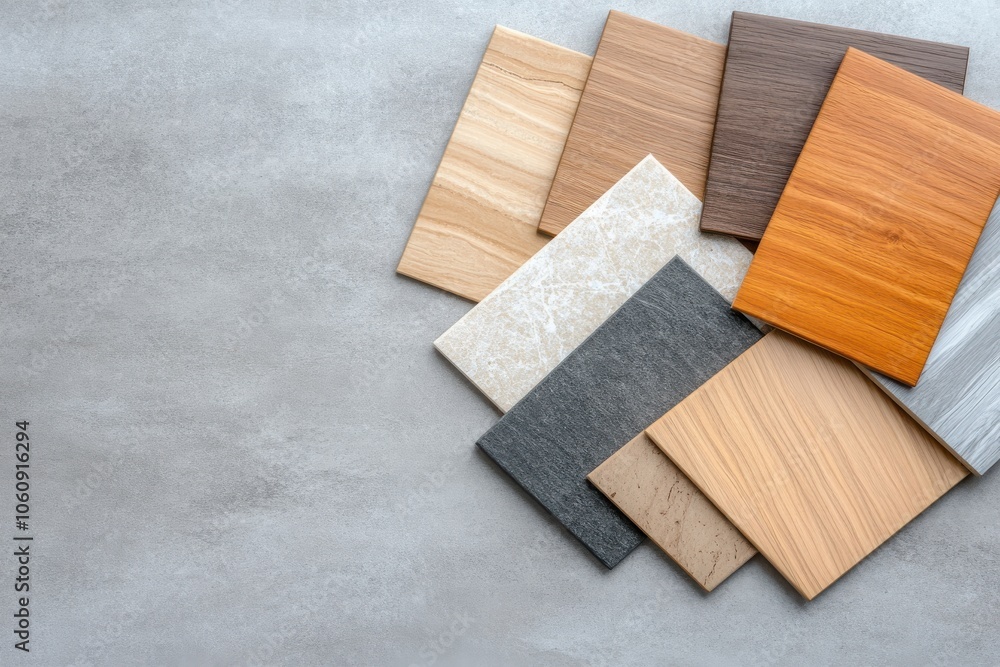 A collection of wood and stone texture samples arranged artistically on a gray background, showcasing various finishes. A collection of wood and stone texture samples arranged artistically on a gray background, showcasing various finishes.