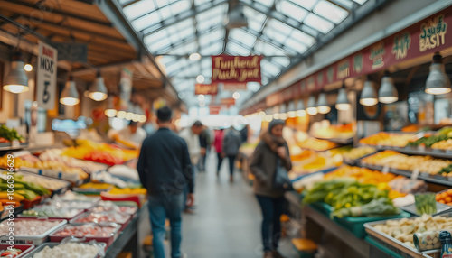 Blurred image of people on food market isolated with white shades, png