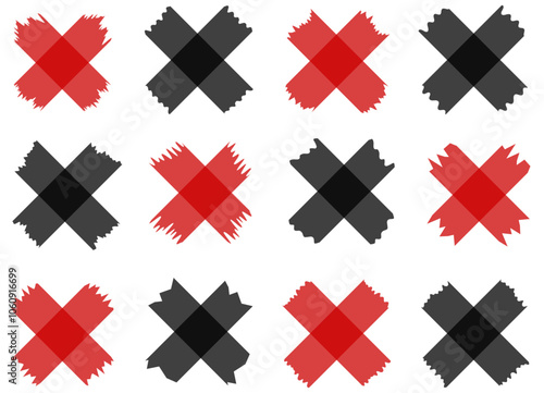 Set of red and black semi-transparent washi tapes isolated on white. Tapes collection in vector. Pieces of decorative tape for scrapbooks. Torn paper. Valentine's Day. Black Friday