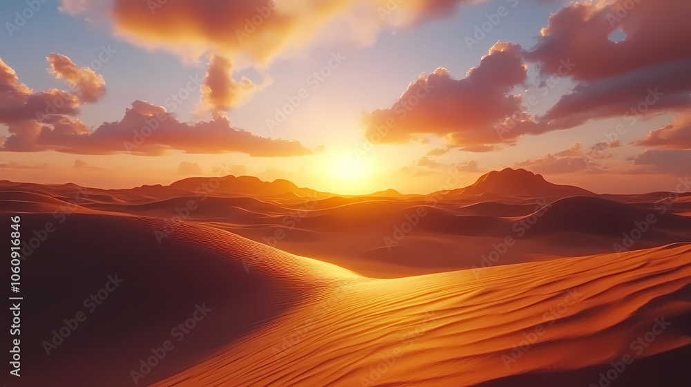 Sand dunes in the sahara desert at sunset. 3d render. Wind-swept Desert. Illustration Sand dunes in the sahara desert at sunset. 3d render. Wind-swept Desert. Illustration