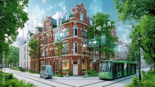 Wallpaper Mural A sustainable 3D cityscape with net-zero infrastructure, featuring electric transport, green buildings, and renewable energy sources in harmony. Torontodigital.ca