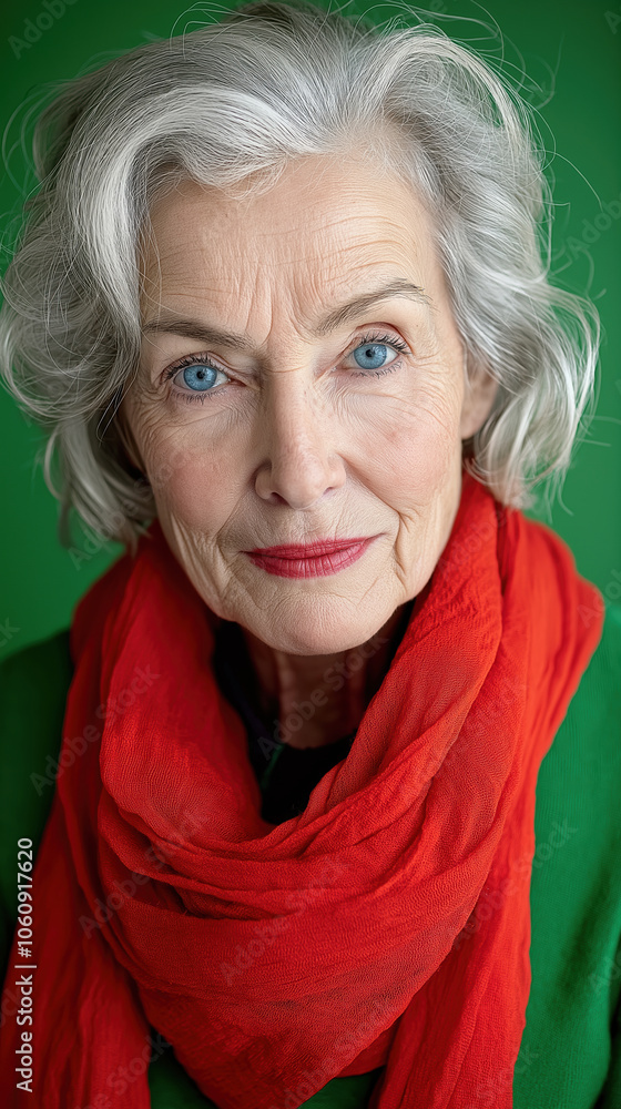 Elegant senior woman with silver hair and vibrant red scarf against a green background Elegant senior woman with silver hair and vibrant red scarf against a green background