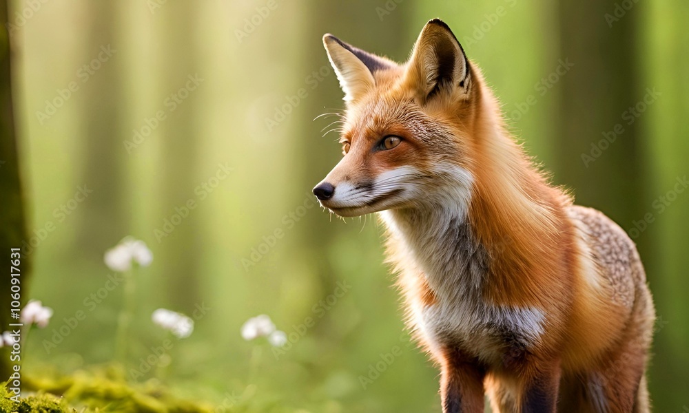 Obraz premium close up of fox against the background of blooming green spring forest