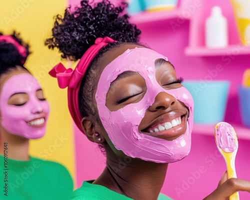 A joyful Black woman applies a pink facial mask, enjoying a self-care moment with her friend in colorful surroundings.