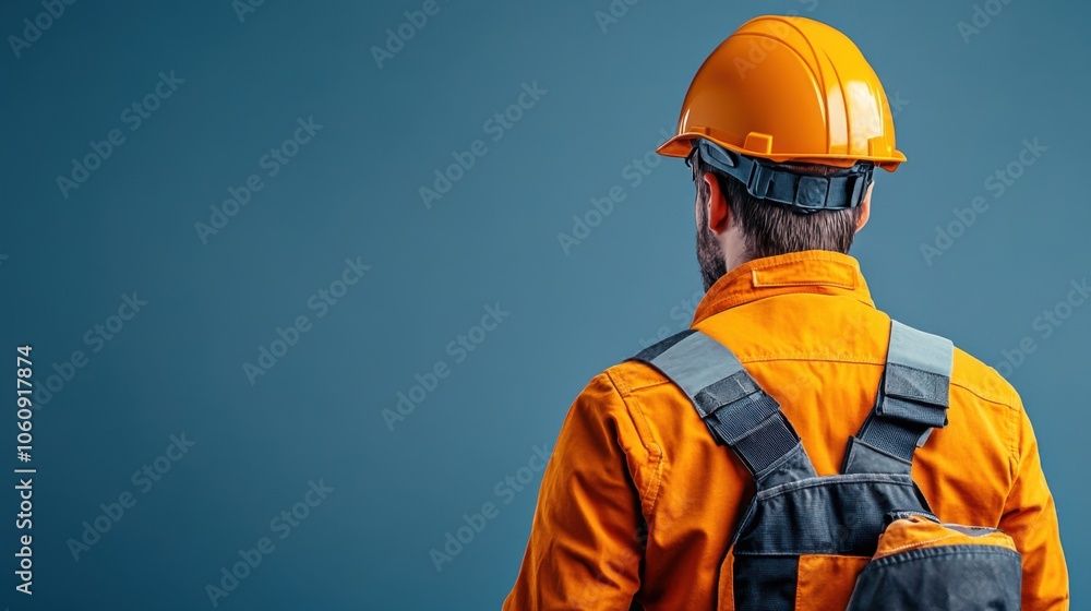 Construction Worker in Safety Gear Against Blue Background Construction Worker in Safety Gear Against Blue Background