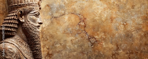 Detailed relief of Gilgamesh, the legendary Sumerian demigod, from ancient Mesopotamian culture. Free copy space for text.