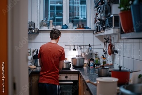 A young Caucasian male in a red shirt cooks in a cozy, modern kitchen filled with pots and plants.