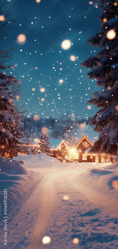 Obraz premium A snow-covered village at dusk with warm lights creating a nostalgic winter atmosphere