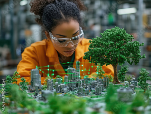 Sustainable Vision: A Female Engineer Planning a Green Factory Project photo