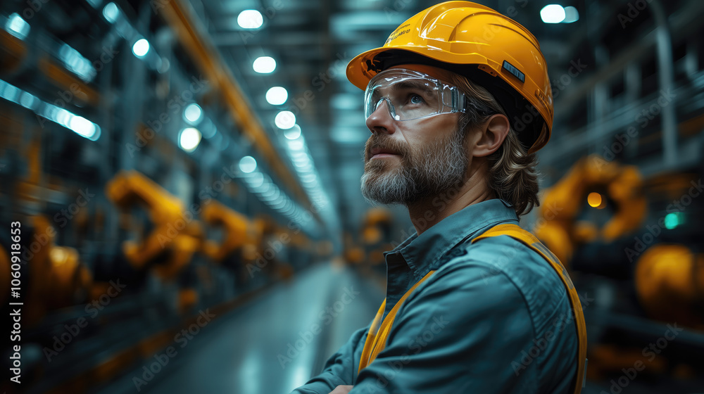 Focused Observation: Engineer Gazing Up at Machinery in Action Focused Observation: Engineer Gazing Up at Machinery in Action