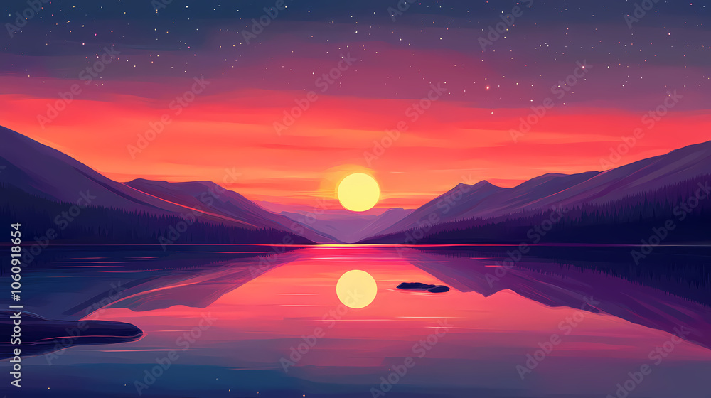 Sunset on the lake. Aurora Borealis Reflection. Illustration