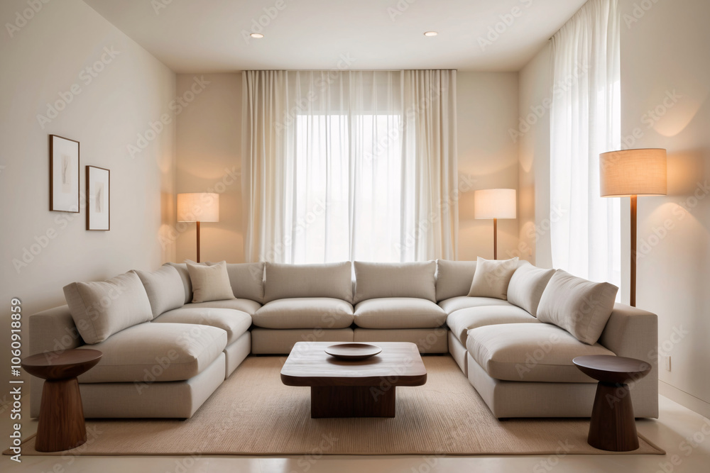 Fototapeta premium Minimalist, japandi style interior design of modern living room