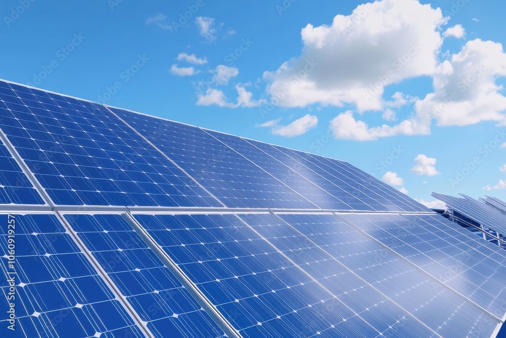 Close-up of solar panels reflecting sunlight under a bright blue sky with fluffy clouds. Close-up of solar panels reflecting sunlight under a bright blue sky with fluffy clouds.