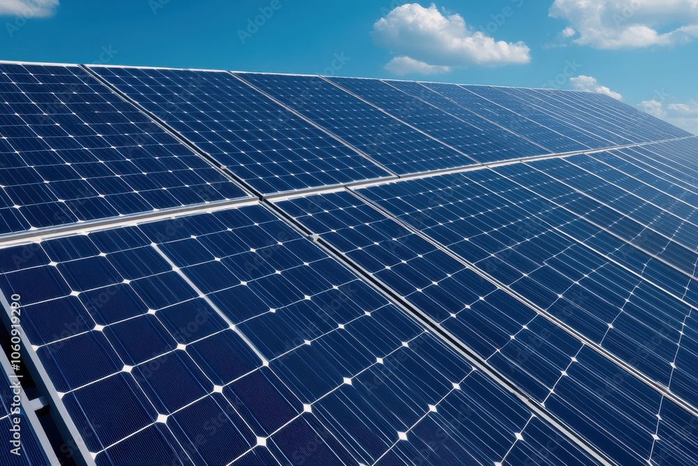 A close-up view of solar panels reflecting sunlight under a bright blue sky, emphasizing renewable energy. A close-up view of solar panels reflecting sunlight under a bright blue sky, emphasizing renewable energy.