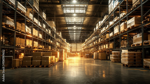 Wallpaper Mural Un gran almacén futurista con estanterías imponentes repletas de cajas y palés y con espectaculares efectos de iluminación. Torontodigital.ca