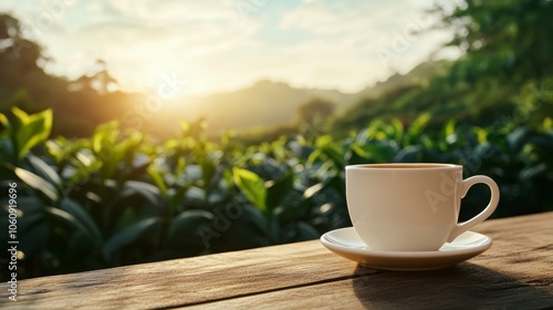 A cup of coffee on a wooden table with a beautiful landscape in the background. The sunlight shines on the coffee and the greenery in the distance.