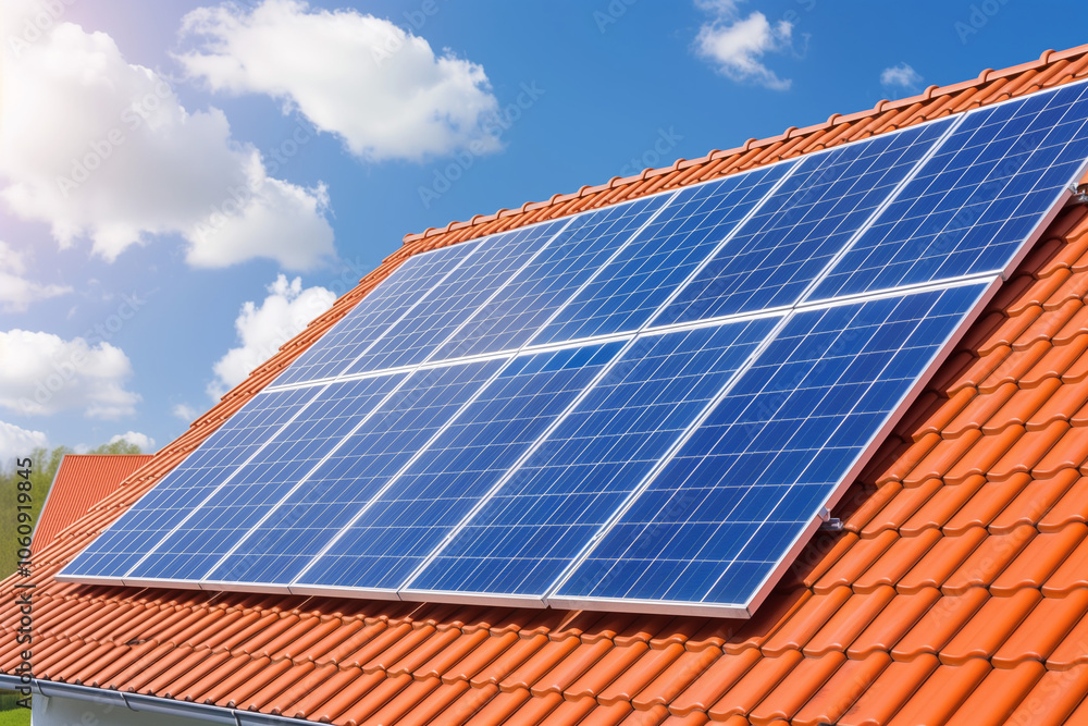 Solar panels on the roof of a modern house with red tile. Solar panels on the roof of a modern house with red tile.