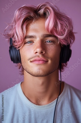 Stylish Young Man with Pink Hair and Black Headphones – Ideal for Music, Fashion, and Creative Branding Imagery