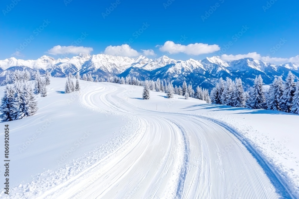 Winter landscape with wide trails in a Christmas forest. Winter landscape in the Carpathian mountains, Ukraine, Europe. Winter landscape with wide trails in a Christmas forest. Winter landscape in the Carpathian mountains, Ukraine, Europe.