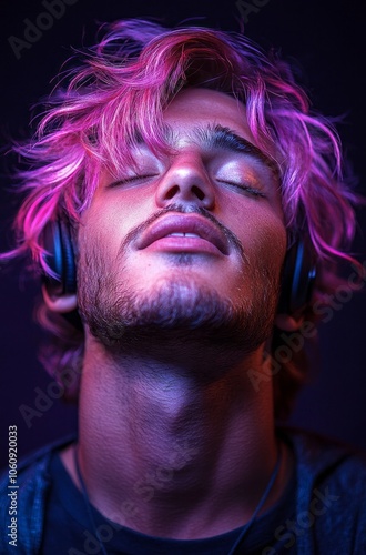 Young Man Immersed in Music with Headphones and Vibrant Pink Hair – Ideal for Themes of Music, Youth Culture, and Self-Expression