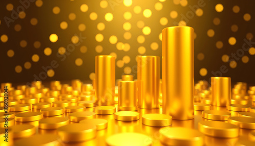 Gold Abstract Circle Cylinders Moving Up and Down with Shallow Depth of Field - 3D Motion Design image Geometric Background ProRes 4K isolated with white shades, png photo