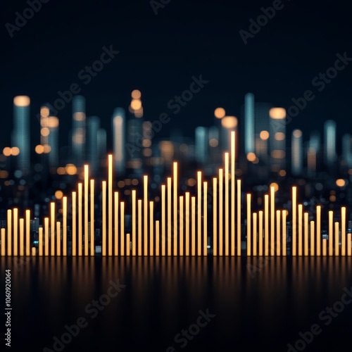 Abstract gold bars graph over city lights at night.