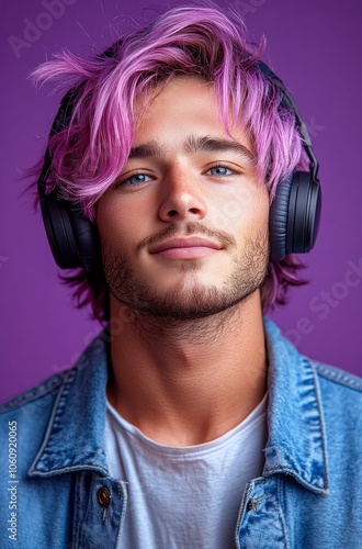 young man with pink hair and headphones, ideal for music, modern lifestyle, and self-expression themes